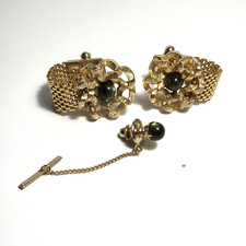 Vintage zielony kamień owinięty siatką pasek do zegarka złoty metal spinki do mankietów