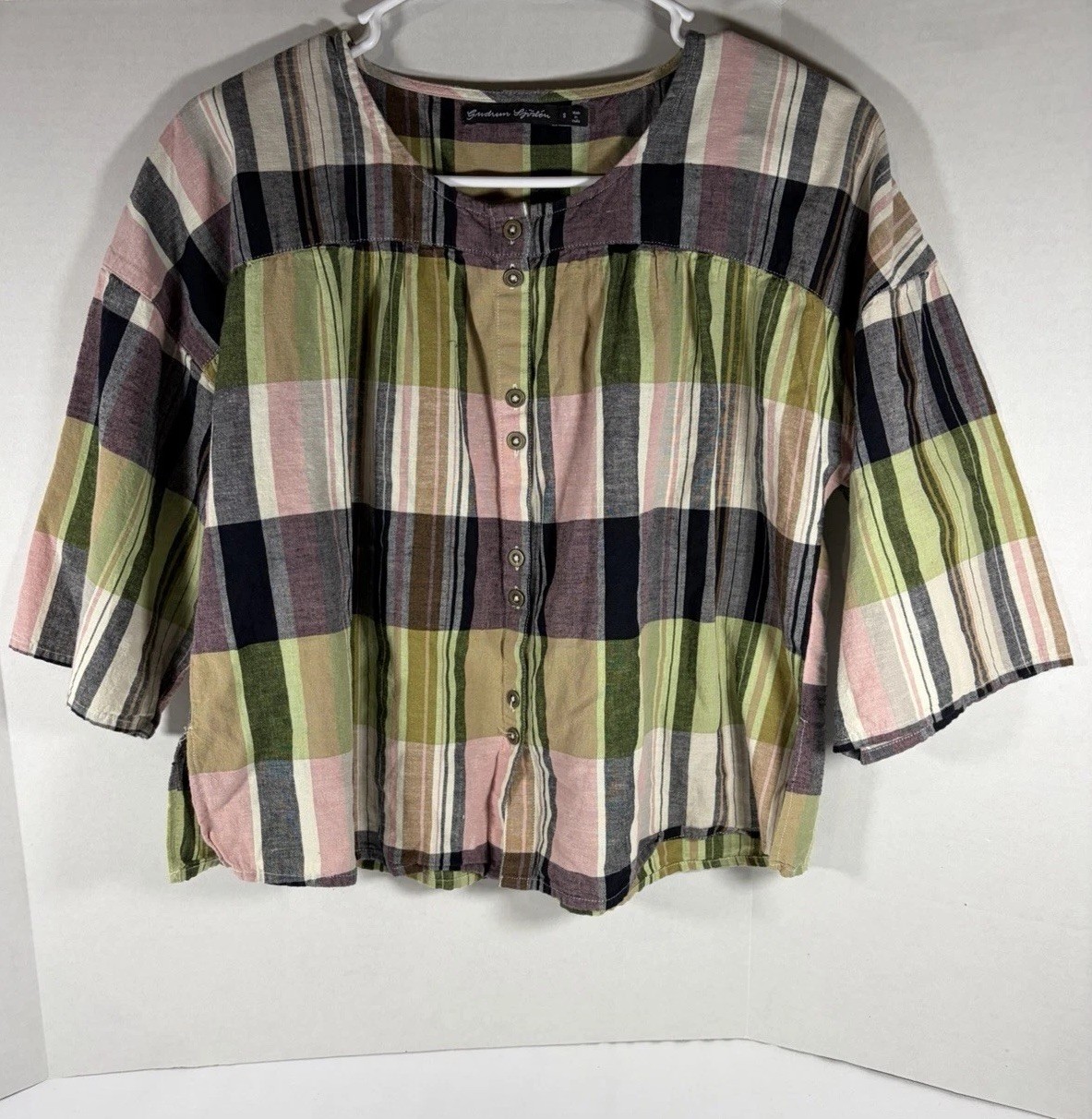 GUDRUN SJODEN Sjödén Womens Plaid Multicolor Striped Cotton Linen Shirt Sz S