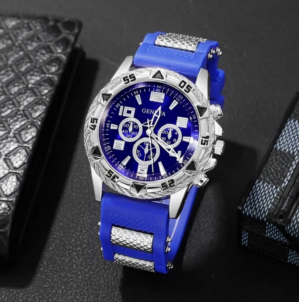 3 Piece Mens Watch Set Geneva Luxury Silicone Strap Gift Gold Black Silver Blue - Image 4 of 4