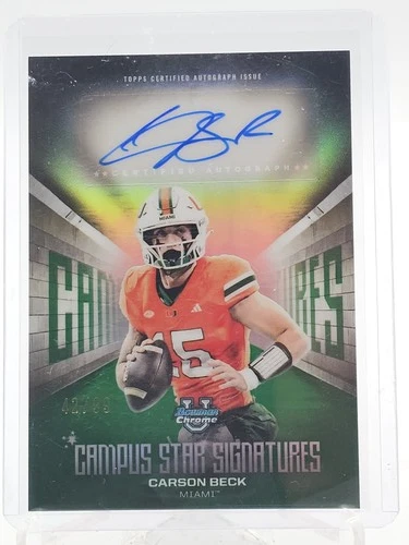 CARSON BECK 2025 BOWMAN CHROME CAMPUS STAR SIGNATURES GREEN AUTO /99 MIAMI Q7236