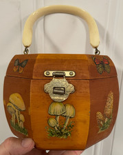 Vintage Mid Century Hand Made Wooden Mushroom Octagon Purse Lucite Handle