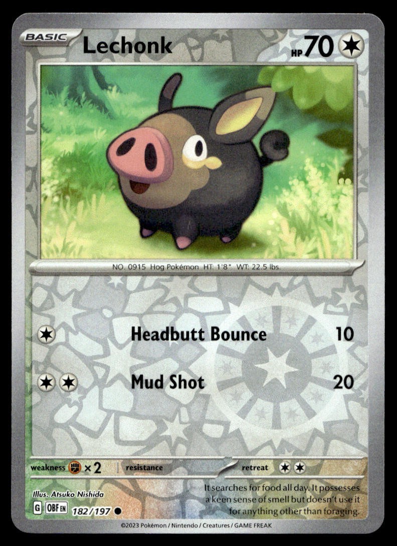 Lechonk 182/197 Pokemon Card Obsidian Flames Common 70 HP Rev Holo Near Mint CH