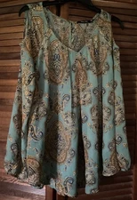 Doe & Rae long sleeve green paisley print top-semi sheer-women's small