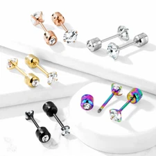 Surgical Steel Pair Prong Set CZ Gem Stud Earrings With Gem Centered Screw Back 