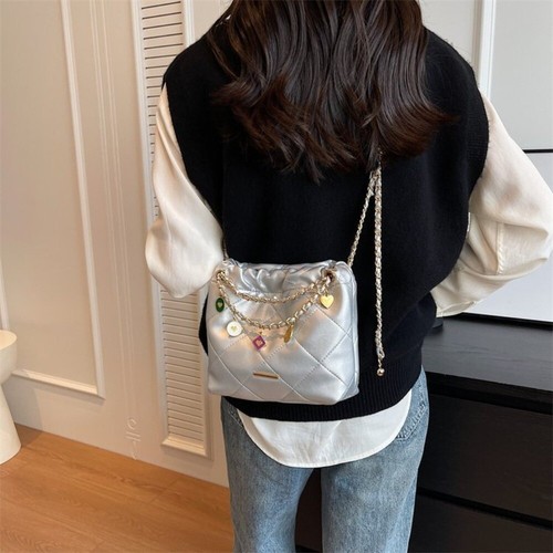 Square Shape Fashion Bucket Bag Checkered Crossbody Bag PU Leather Bag - Picture 10 of 16