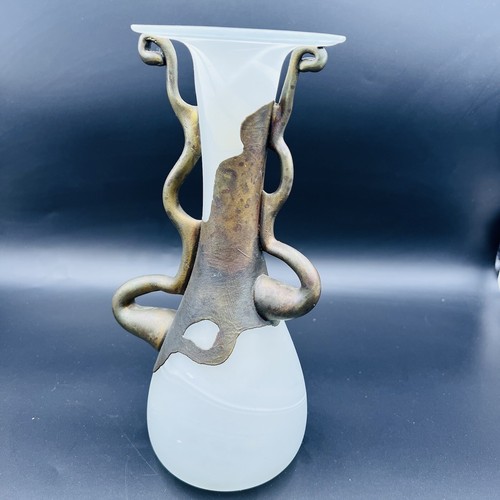 Filip Ravert Art Glass 10" Vase White Satin Frosted Bronze Handle Overlay Signed - Picture 5 of 13