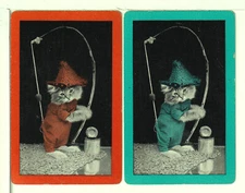 Two Single Vintage ID Named Cats, "Fishing", Playing Cards CA 8-15 A, B, ORG/BLU