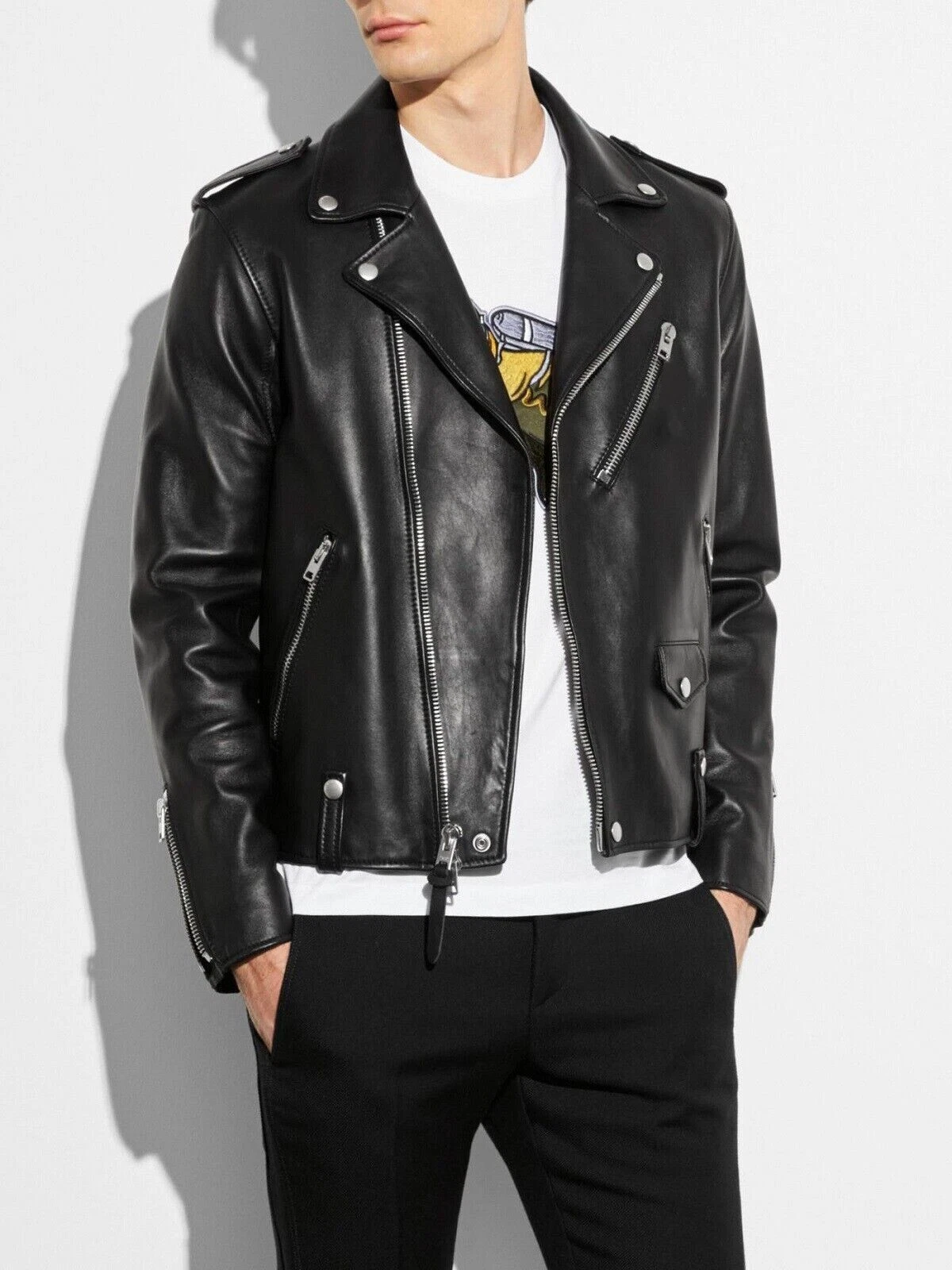 BOMBER BIKER New Men's Black Jacket 100% Real Lambskin Moto Biker Jacket
