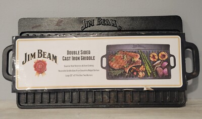 JIM BEAM DOUBLE SIDED CAST IRON GRIDDLE. NEW!! 20 X 9.5 INCES.