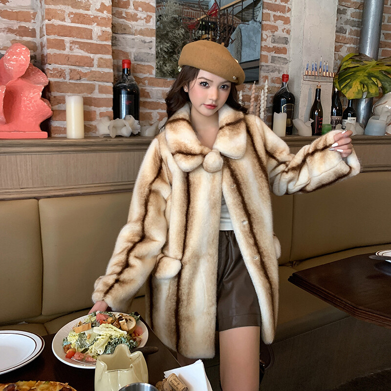 Winter Mink Fur Long Coat for Women with Lapel Collar Thickened Plush Faux Fur