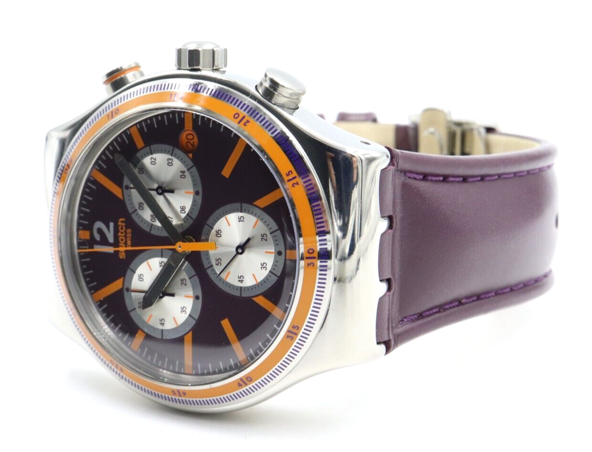 New Swiss Swatch Irony Prisoner Chrono Brown Leather Date 44mm