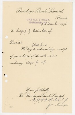1926 Barclays Bank Letter Castle Street Shrewsbury Elliott Fund Donation signed