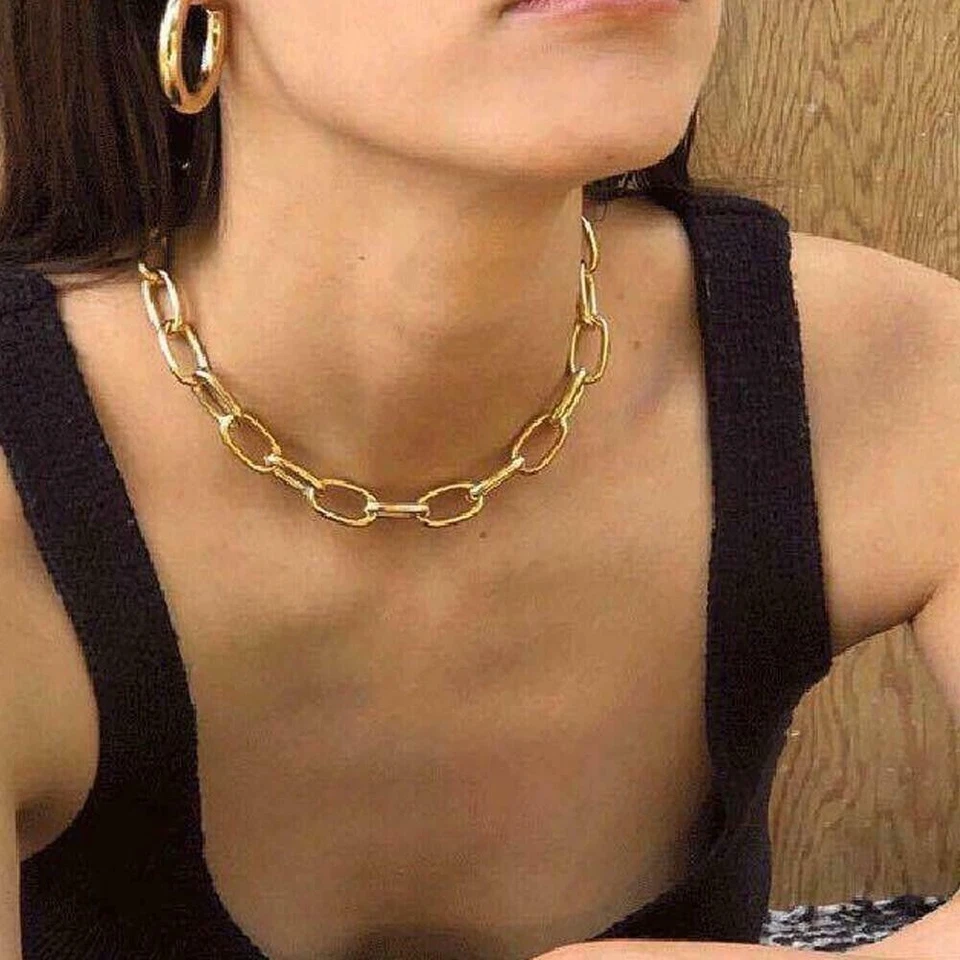 Gargantilla collar de cadena de eslabones gruesos gruesos con clip de papel enchapado en oro real para mujer Foto 2 de 4