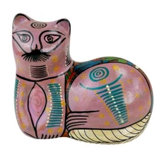 Vintage Mexican Tonala Cat Figurine Clay Pottery Folk Art Pink Hand Painted