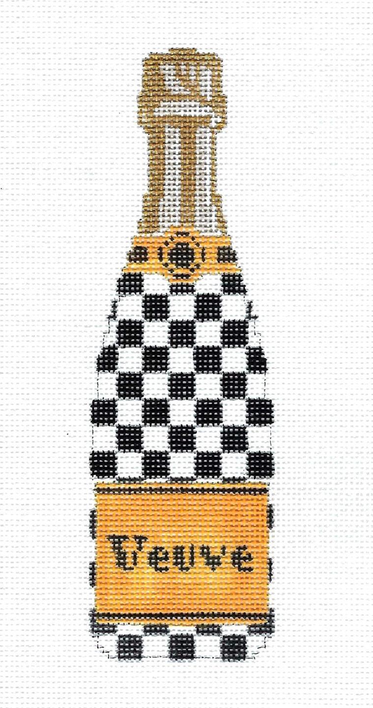 "Veuve" Champagne Bottle in Mackenzie Check HP Needlepoint Canvas C'ate