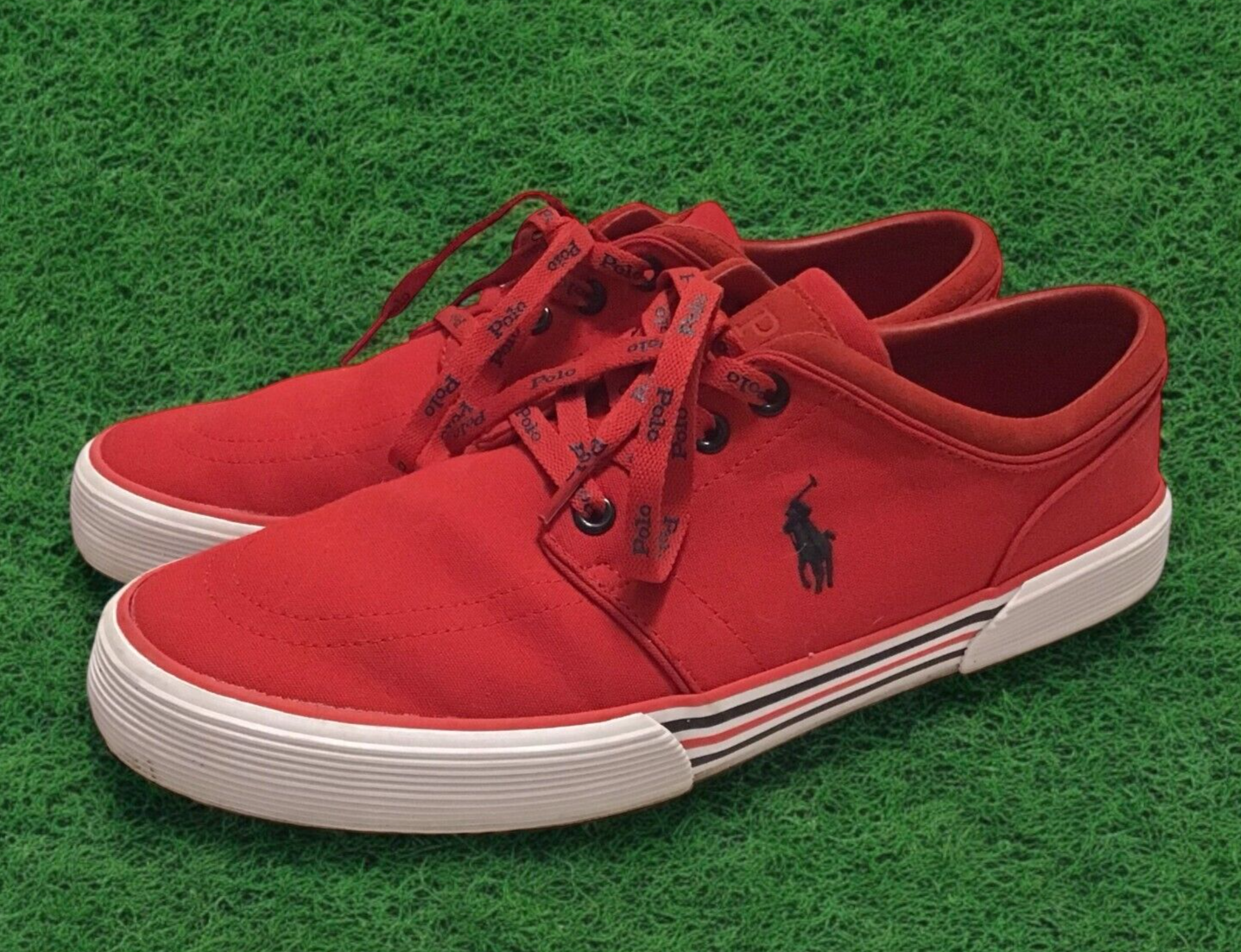 PONY Polo Ralph Lauren Faxon scarpe basse tela uomo taglia 10 D rosse con frangia ricamata