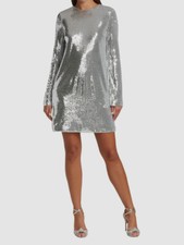 $495 Halston Women's Silver Cai Sequin Long Sleeve Open Back Minidress Size 10