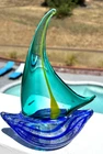 Vintage Murano Glass Style Multi-color Sailboat Cobalt Blue Base Sculpture