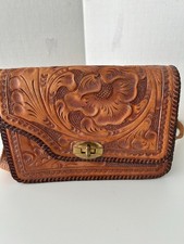 Hand Tooled Tan Leather Saddle Strap Handbag Western Purse circa 1970's