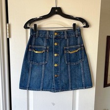 Celine Triomphe Chain Denim Mini Skirt Gold Buttons Dark Union Wash 26 EUC