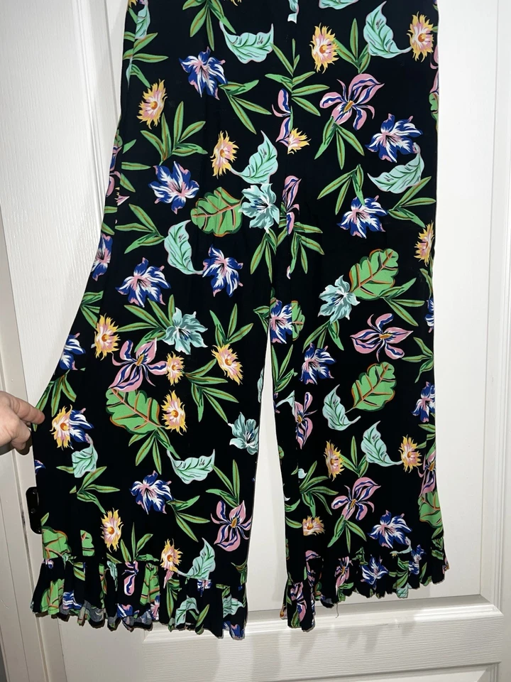 Saint Tropez West Talla L Grande Negro Tropical Pierna Ancha Elastizada Cintura Pantalones Volantes Foto 2 de 4