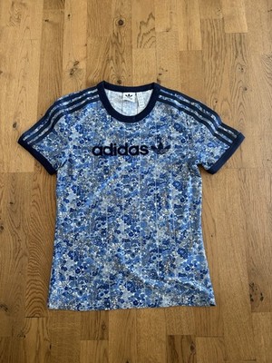 T-Shirt Adidas Kurzarm Muster Blümchen Dunkelblau Eng XS neu 3 Streifen