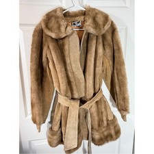 Vintage Lilli Ann Faux Fur real Suede Leather Belted Coat Tan Women Medium plush