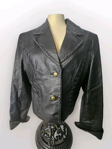 VETEMENTS Giacca blazer donna Leather Gallery vera pelle nera con accento intrecciato M