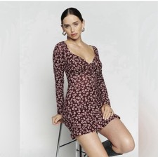Reformation Angelique Floral Mini Dress XS Burgundy Long Sleeve Square Neck