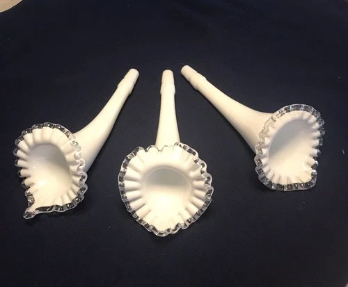 3 Fenton White Milk Glass Replacement Epergne Trumpet Horn Ruffle Edge 10” Size