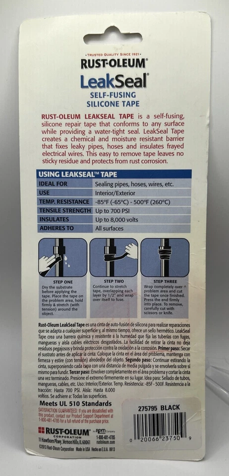 Самоплавящаяся силиконовая лента Rust-Oleum LeakSeal® 1 дюйм x 10 футов черная 275795 - Изображение 2 из 2