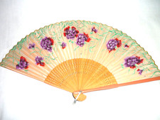 Vintage Asian Hand Painted Silk Fan Folding Flowers
