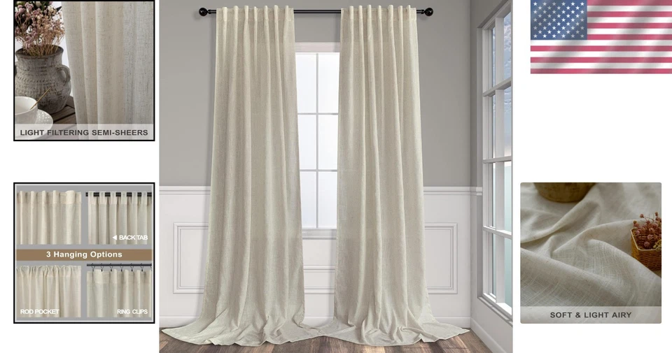 Flax Linen 96" Sheer Curtains - 2 Panels Tan Beige - Image 2 of 4