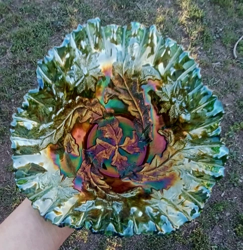 MILLERSBURG  TRI CORNER CRIMPED GREEN WHIRLING LEAVES CARNIVAL GLASS BOWL