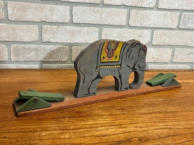 Antique Wooden Mechanical Circus Toy with Elephant As is Folk Art
