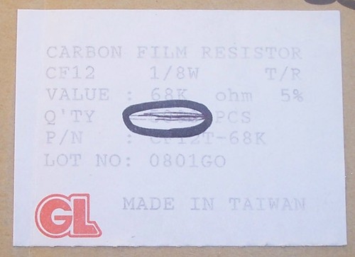 QTY (100) 68K Ohm 1/8W 5% MINIATURE CARBON FILM RESISTORS CF12T-68K-5% GL - Picture 2 of 2