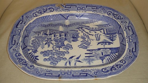 Antique English Staffordshire Stone China Transferware Blue Willow Platter - Picture 9 of 12