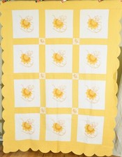 Cheery, Well Quilted Vintage 30's Water Lily Applique Quilt NICE SUNNY YELLOW 