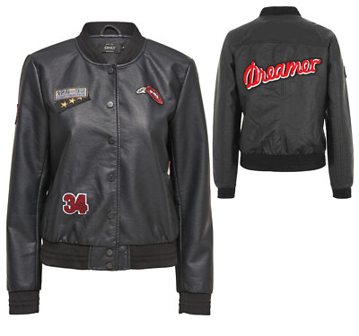 ONLY Damen Biker Jacke onlSANDY BADGE FAUX LEATHER BOMBER Kunstleder schwarz NEU