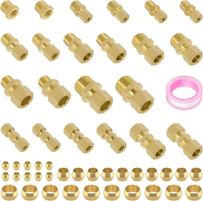 53 Pcs Brass Compression Fittings Assortment Kit, 1/8''3/16''1/4'' 3/8''1/2'' OD Tube