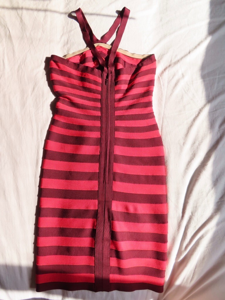 Herve Leger Zindzi Striped Halter Bandage Dress Red Beet