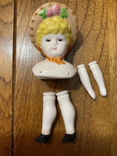 Vintage Blonde Hair ,Flower Hat Porcelain Doll Head, Arms ,Feet Set