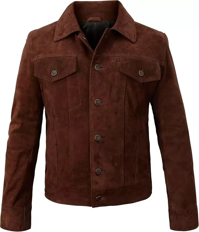Men Real Suede Leather Brown Trucker Jacket Classic Moto Biker
