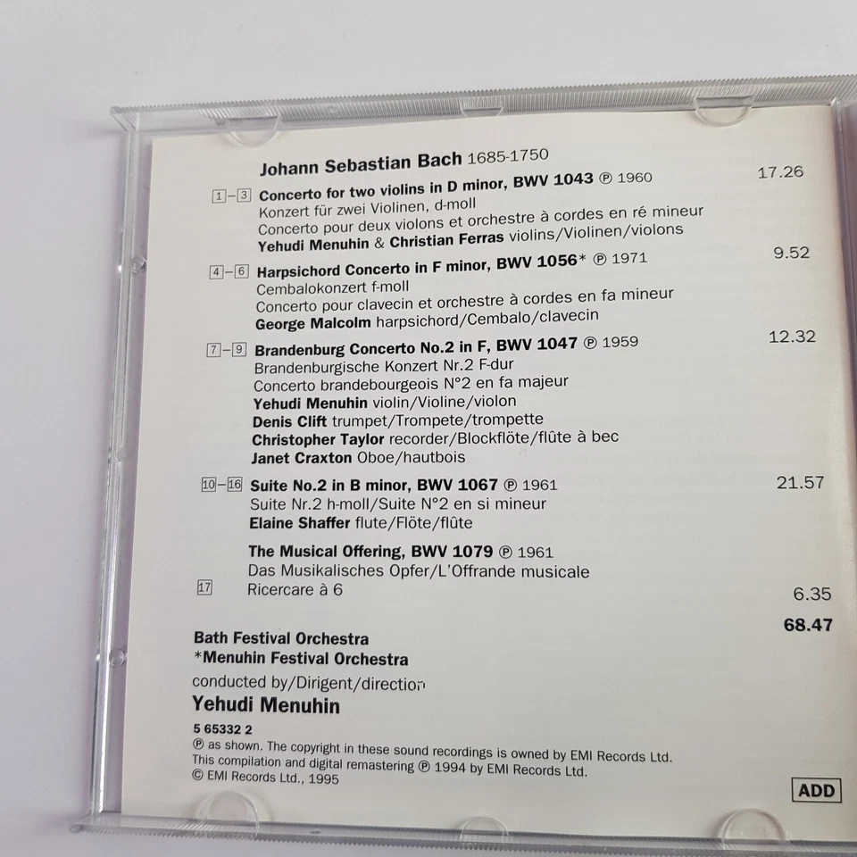 Bach Baroque Orchestral Works 4 Menuhin Ferras Bath Festival Clift Taylor EMI CD - Image 4 of 4