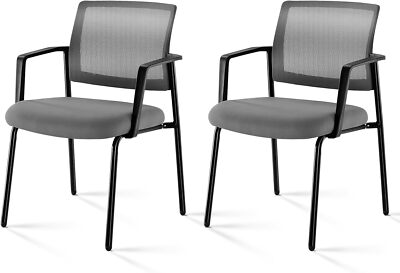 2 Pcs Office Upholstered Mesh Back Stacking Arm Chair Sturdy Metal Stacking Seat