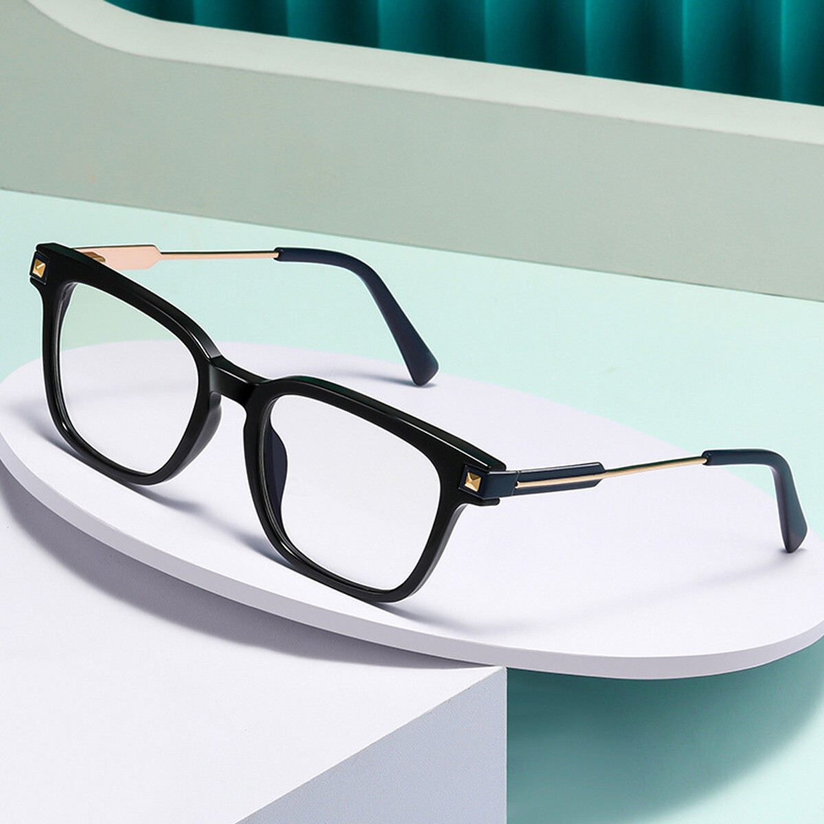 Square Frame Large Frame Rimless Glasses With Rivet Decoration Thick Tem Gold Square Business Eyeglasses For Men | Rectangle Metal  main image 4