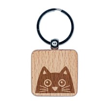 Peeking Black Cat Engraved Wood Square Keychain Tag Charm