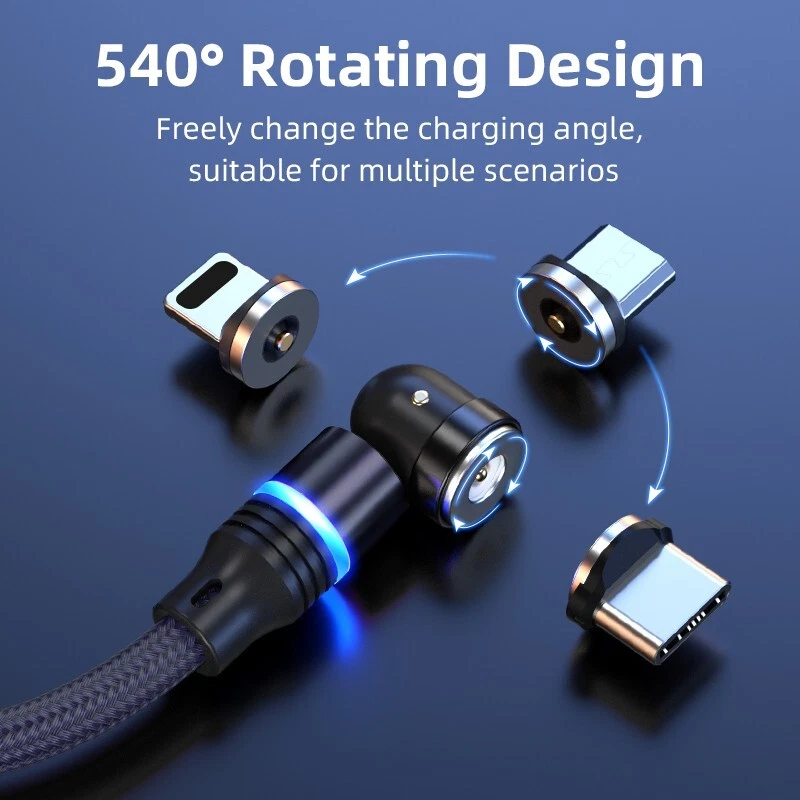 Magnetic Phone Charger Cable 360°Rotate For Micro USB/Type C/iPhone With 3 Plugs - Image 2 of 4