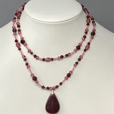 VTG Czech Glass Necklace Pink Red Bead Teardrop Pendant Multi Strand Seed 15"