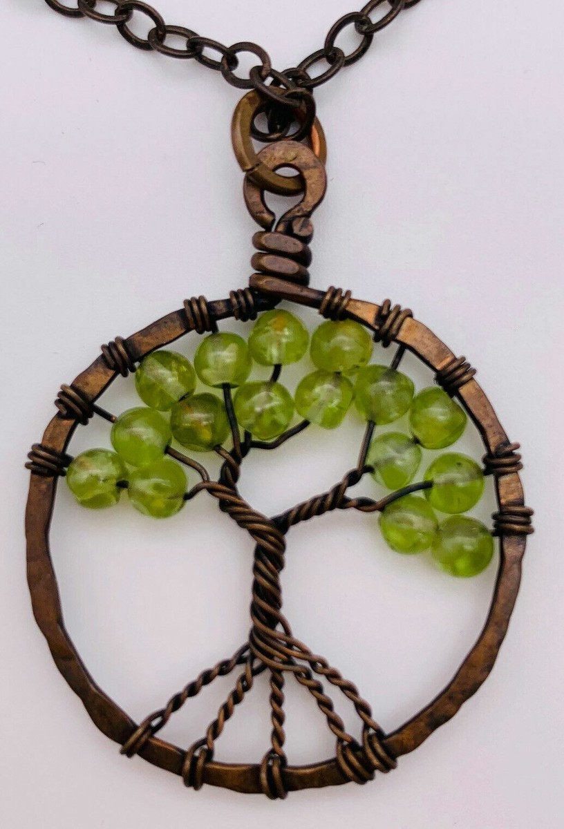 Tree of Life Peridot Stone Pendant Round Gemstone Cut Green Copper Wire  Necklace